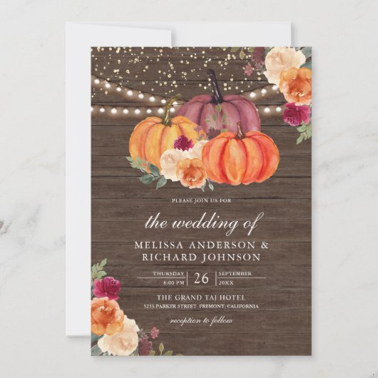 Burnt Orange Burgundy Floral Pumpkin Wood Wedding Einladung (Vorderseite)