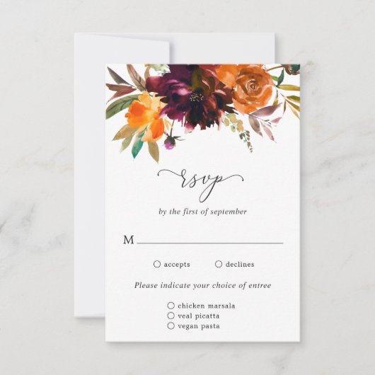 Burnt Orange Burgundy Floral Rustic Wedding RSVP Karte (Vorderseite)