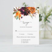 Burnt Orange Burgundy Floral Rustic Wedding RSVP Karte (Stehend Vorderseite)