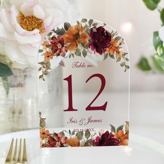 Burnt Orange Burgundy Floral Wedding Tischnummer