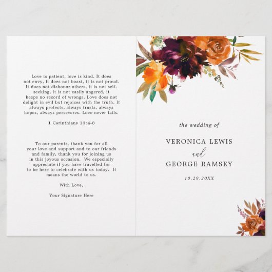 Burnt Orange Burgundy Hochzeit im Herbst Program (Vorderseite)
