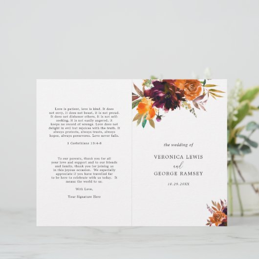 Burnt Orange Burgundy Hochzeit im Herbst Program (Stehend Vorderseite)