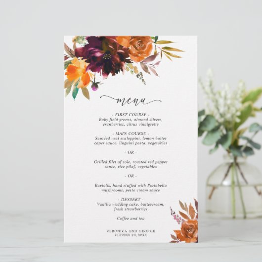 Burnt Orange Burgundy Rustic Wedding Menu (Stehend Vorderseite)