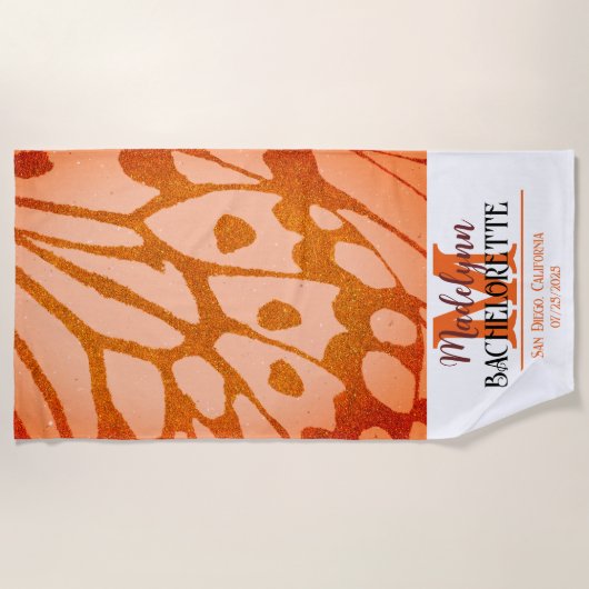 Burnt Orange Butterfly Monogram Junggeselinnen-Abs Strandtuch (Vorderseite)