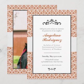 Burnt Orange Damask Muster Foto Abschluss Einladung