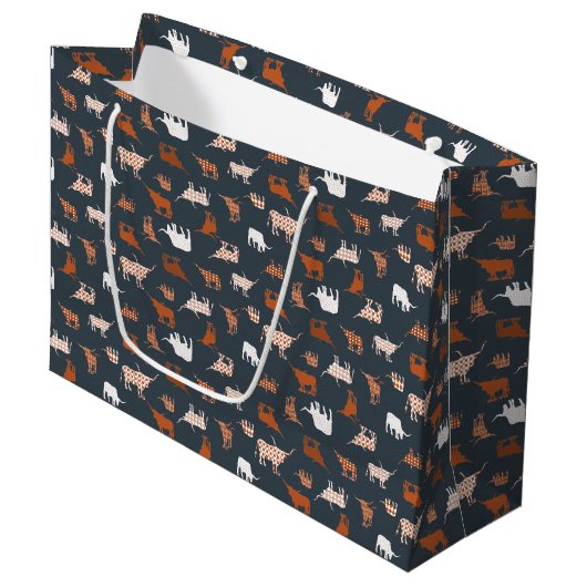 Burnt Orange & Dark Gray Gemusterte Longhorns Große Geschenktüte (Vorderseite Schrägansicht)