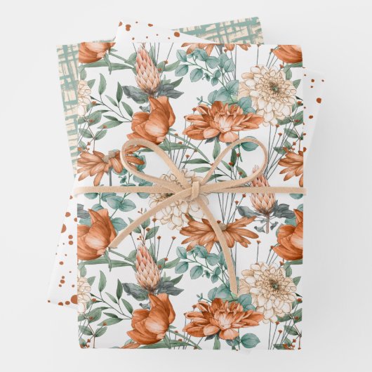 Burnt Orange Dots Blumengrün Muster Geschenkpapier Set (Beispiel)