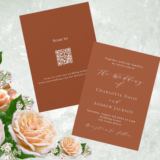 Burnt orange Drehbuch moderne QR-UAWG Hochzeit Einladung