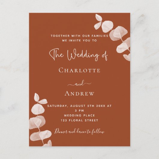 Burnt Orange Eukalyptus QR Code Details Hochzeit Einladungspostkarte (Vorderseite)