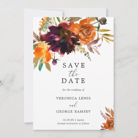 Burnt Orange Fall Floral Rustikale Elegante Hochze Save The Date (Vorderseite)