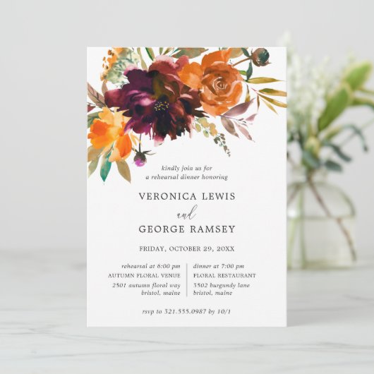 Burnt Orange Fall Floral Rustikale Probe Abendesse Einladung (Stehend Vorderseite)