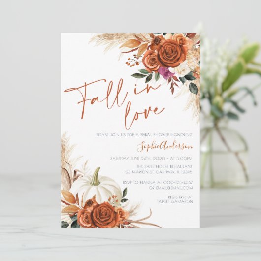 Burnt Orange Fall in Liebe Boho Brautparty Einladung (Stehend Vorderseite)