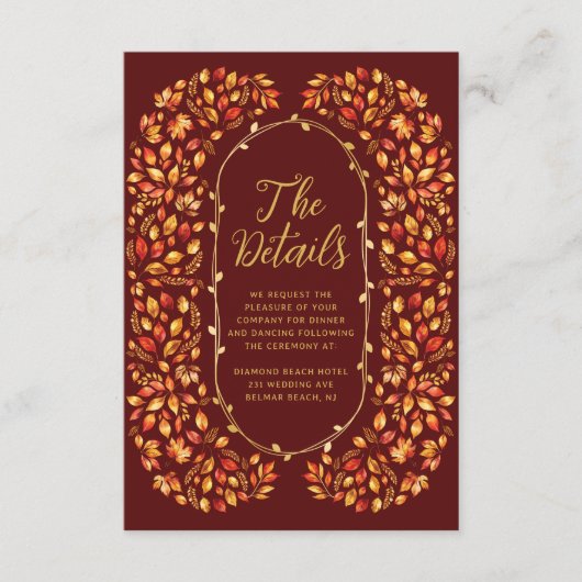 Burnt Orange Fall Rustikale Blätter Hochzeitsdetai Begleitkarte (Vorderseite)