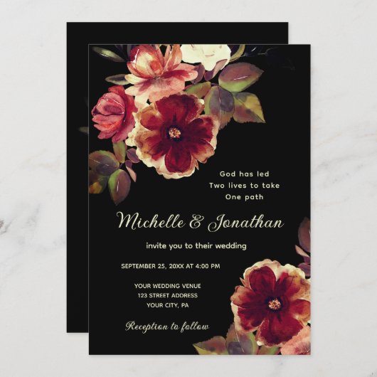 Burnt Orange Floral auf der Christlichen Schwarzen Einladung (Vorne/Hinten)