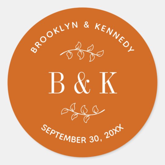 Burnt Orange Floral Botanical Wedple Name Runder Aufkleber (Vorderseite)