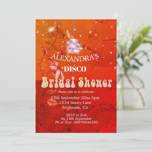 Burnt Orange Floral Disco Ball Brautparty Einladung (Stehend Vorderseite)