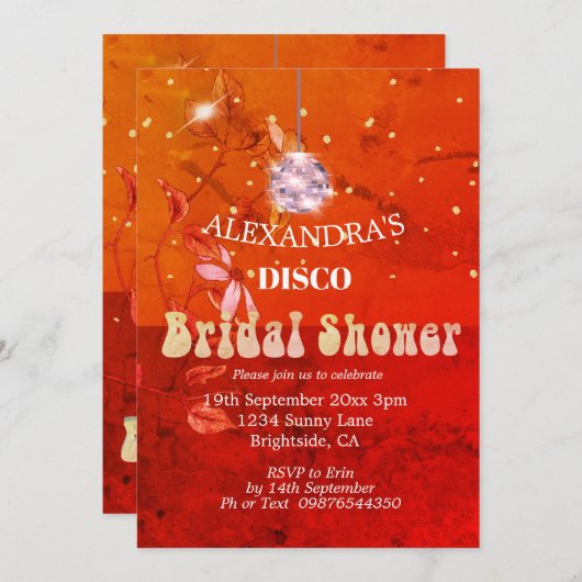 Burnt Orange Floral Disco Ball Brautparty Einladung (Vorne/Hinten)