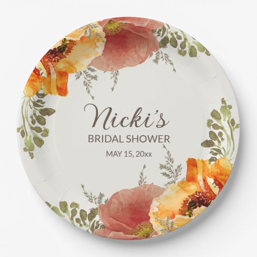 Burnt Orange Floral Herbst Brautparty Pappteller (Vorderseite)