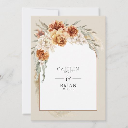 Burnt Orange Floral Pampas Arch Boho Wedding Einladung (Rückseite)