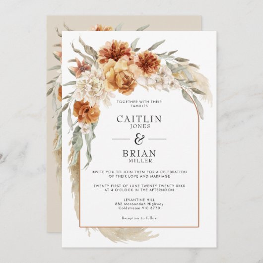 Burnt Orange Floral Pampas Arch Boho Wedding Einladung (Vorne/Hinten)