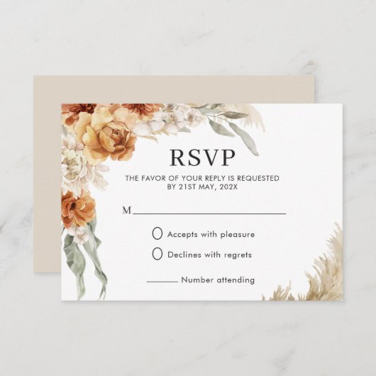 Burnt Orange Floral Pampas Boho Wedding RSVP Karte (Vorne/Hinten)