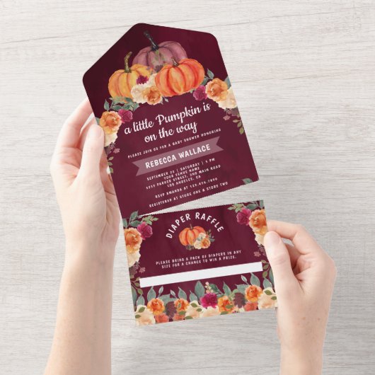 Burnt Orange Floral Pumpkin Burgundy Babydusche All In One Einladung (Abreißen)