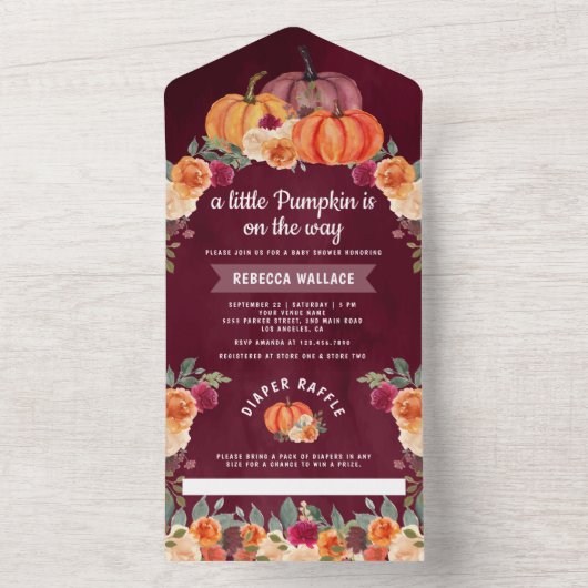 Burnt Orange Floral Pumpkin Burgundy Babydusche All In One Einladung (Innen Boden)