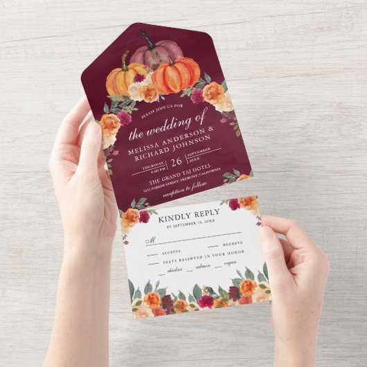 Burnt Orange Floral Pumpkin Burgundy Wedding All In One Einladung (Abreißen)