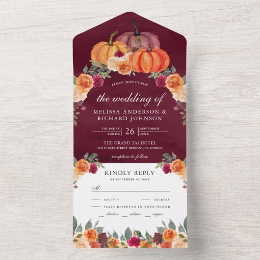 Burnt Orange Floral Pumpkin Burgundy Wedding All In One Einladung (Innen Boden)