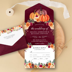 Burnt Orange Floral Pumpkin Burgundy Wedding All In One Einladung