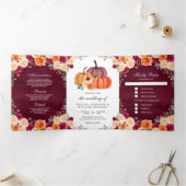 Burnt Orange Floral Pumpkin Burgundy Wedding Dreifach Gefaltete Einladung (Innenseite)