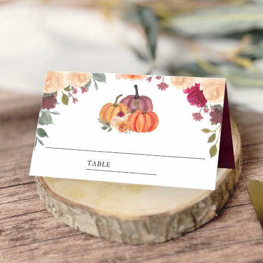 Burnt Orange Floral Pumpkin Burgundy Wedding Platzkarte