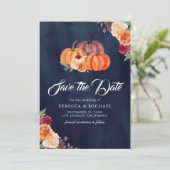 Burnt Orange Floral Pumpkin Navy Hochzeit Save The Date (Stehend Vorderseite)