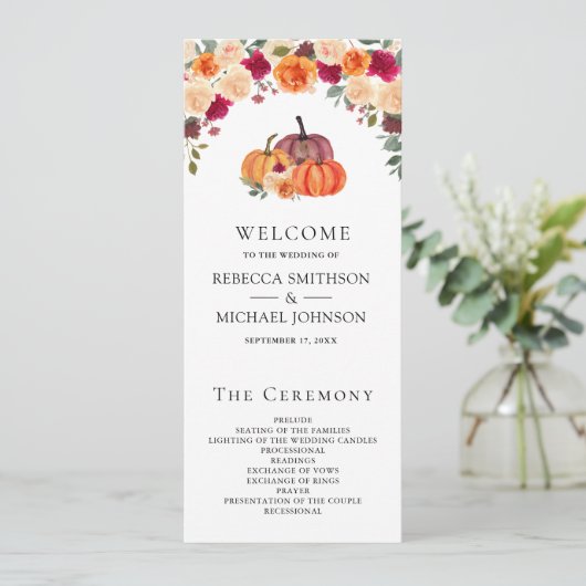 Burnt Orange Floral Pumpkin Wedding Program (Stehend Vorderseite)