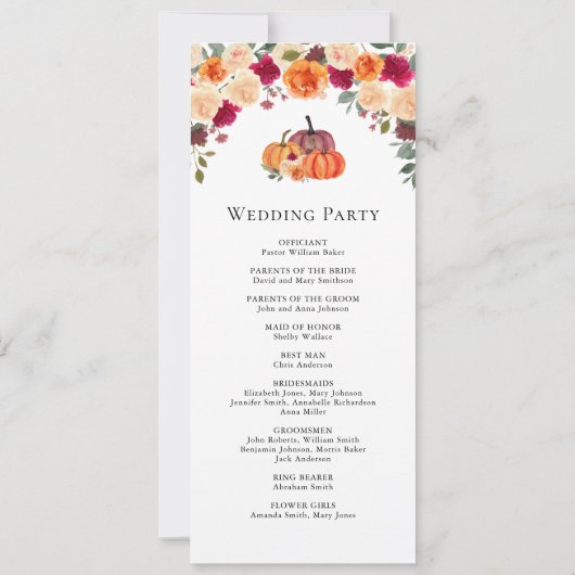 Burnt Orange Floral Pumpkin Wedding Program (Rückseite)