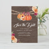 Burnt Orange Floral Pumpkin Wood Wedding Save The Date (Stehend Vorderseite)