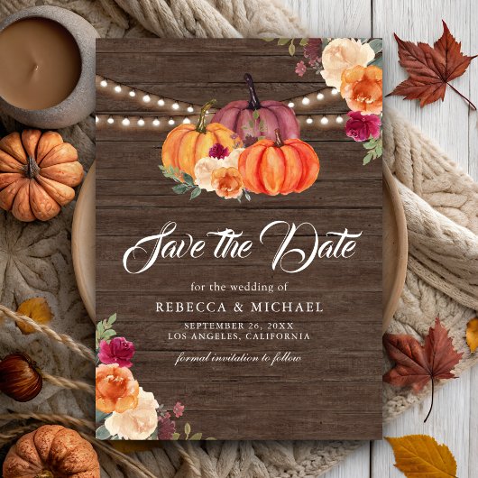 Burnt Orange Floral Pumpkin Wood Wedding Save The Date