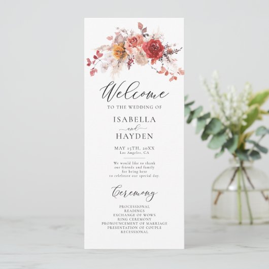 Burnt Orange Floral Rustic Herbst Herbsthochzeit Programm (Stehend Vorderseite)