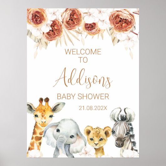 Burnt Orange Floral Safari Baby Dusche Willkommen Poster (Vorne)