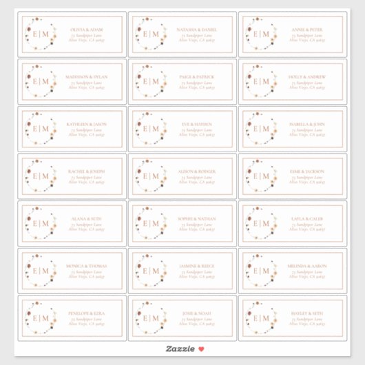 Burnt Orange Floral Wappen Monogram Guest Address Aufkleber (Blatt)