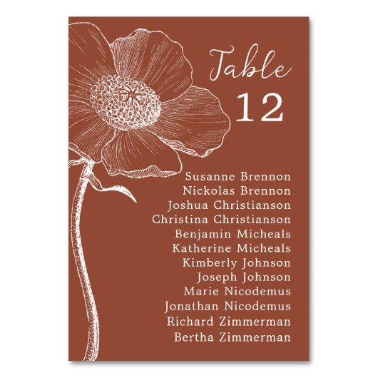 Burnt Orange Floral Wedding Chart Tischnummer (Rückseite)