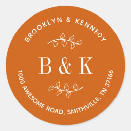 Burnt Orange Floral Wedding Couple Rücksendeadress Runder Aufkleber