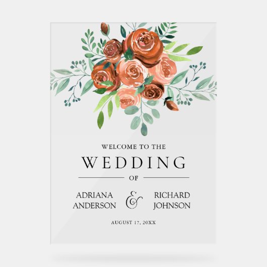 Burnt Orange Floral Wedding Welcome Acrylschild (Vorderseite)