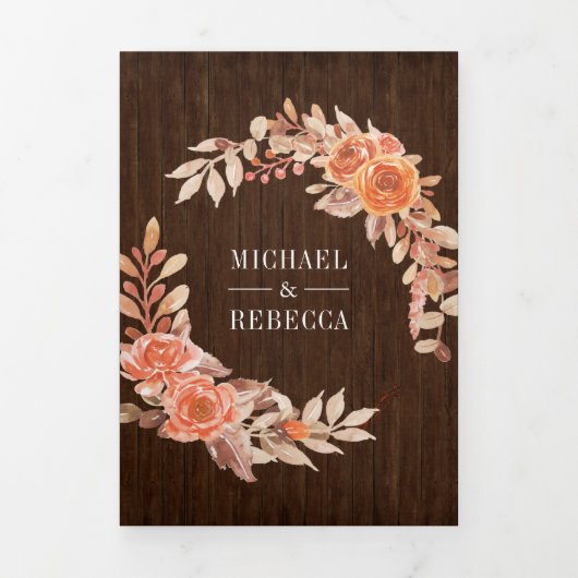 Burnt Orange Foto Collage Wood Wedding Dreifach Gefaltete Einladung (Cover)