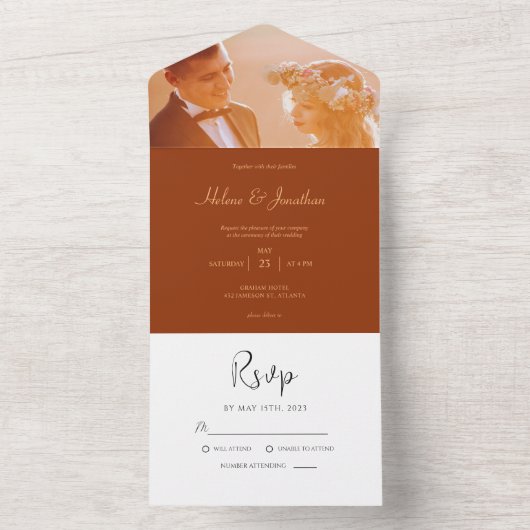 Burnt Orange Foto Minimal Wedding All In One Einladung (Innen Boden)