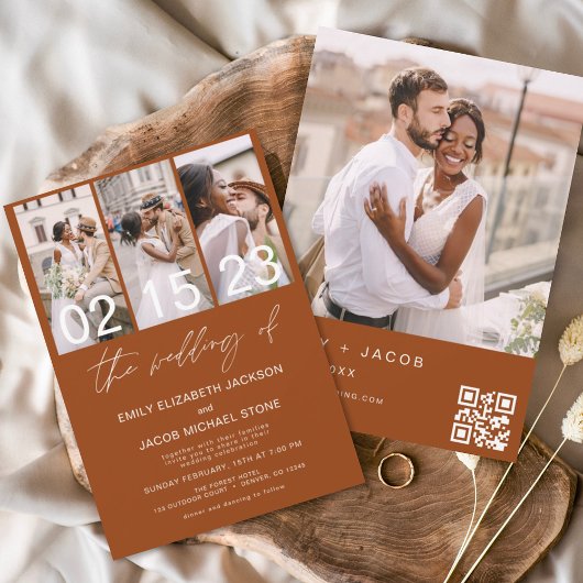 Burnt Orange Foto QR Code Hochzeit Minimalistisch Einladung