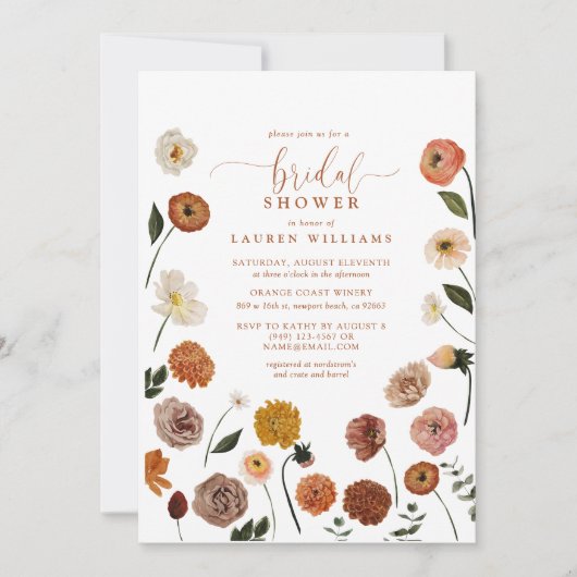 Burnt Orange Garden Blume Skript-Brautparty Einladung (Vorderseite)