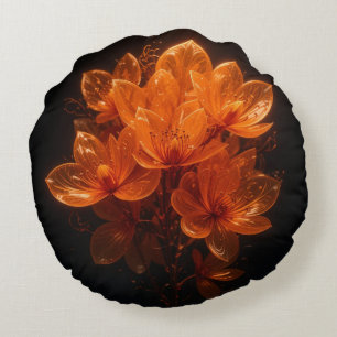 Burnt orange glänzende Blume auf schwarzem Hinterg Rundes Kissen