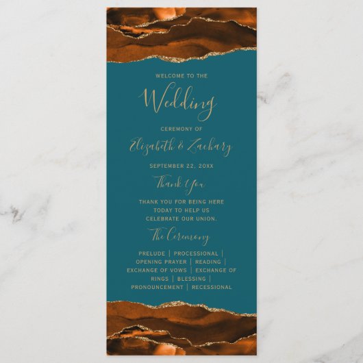 Burnt Orange Gold Agate Aquamarin Wedding Programm (Vorderseite)