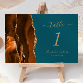 Burnt Orange Gold Agate Aquamarin Wedding Tischnummer